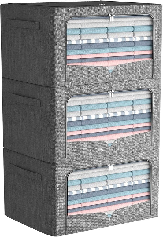 3 Pack Clothes Storage Bins Foldable Metal Frame Storage Box Stackable Linen Fabric Organizer Set with Carrying Handles and Clear Window (Dark Gray, 15.7x11.8x7.8inch(22L))
