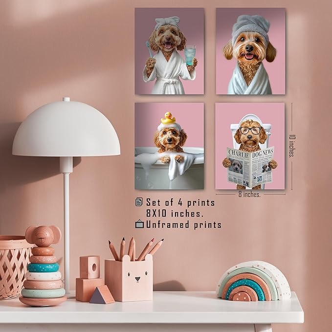 FITIE Funny Cockapoo Bathroom Wall Art Posters Set of 4, Dog Bathroom Decor, Pink Cute Bathrobe Toilet Bathing Cockapoo Dog Canvas Prints Artwork Wall Decor for Bath Wash Room, 8x10 Unframed