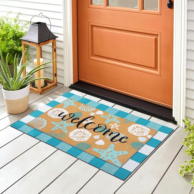 2 Pcs Summer Door Mat Beach Welcome Non Slip Coir Mats Sea Style Starfish Seashells Ocean Buffalo Plaid Floor Layering Doormats Seasonal for Front Porch Entryway Decor(Summer Beach)