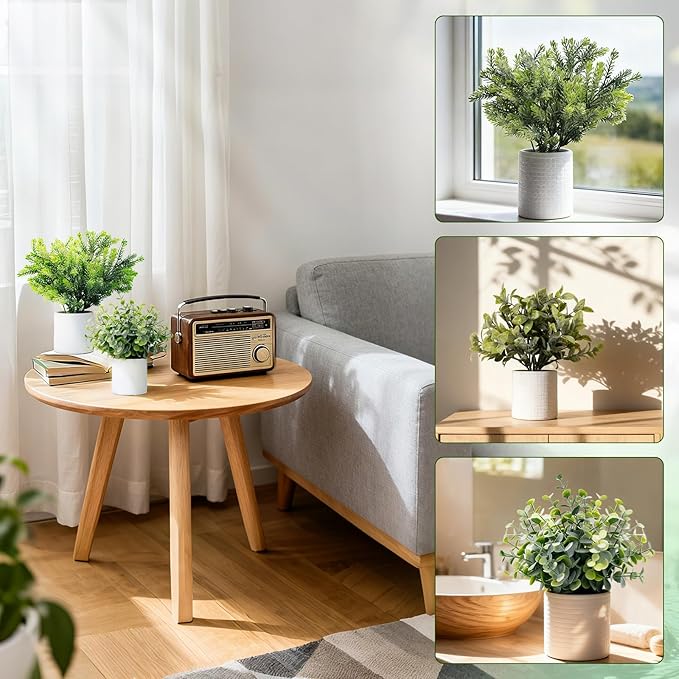 FGSAEOR Mini Potted Fake Plants, Small Artificial Greenery Realistic Plants Topiaries, Low Maintenance, for Home Office Shelf Desk Farmhouse Room Coffee Table Decor (3-Pack) (Grey)