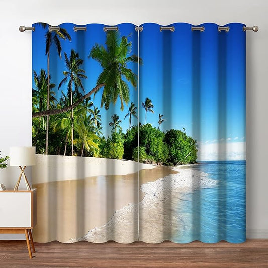 Jekeno Ocean Beach Palm Tree Blackout Curtains Tropical Blue Ocean Sky Sunny Seaside Scene Beach Decor for Bedroom Living Room Grommet Window Drapes 2 Panel Set, 52"x84"