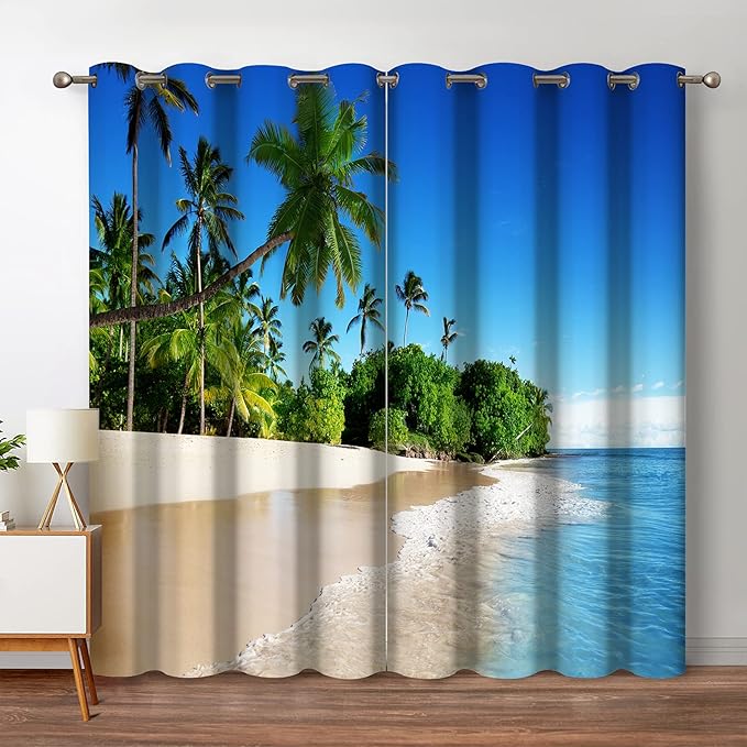 Jekeno Ocean Beach Palm Tree Blackout Curtains Tropical Ocean Decor for Bedroom Living Room with Beach Blue Sky Sunny Scene Grommet Window Drapes 2 Panel Set, 42"x63"