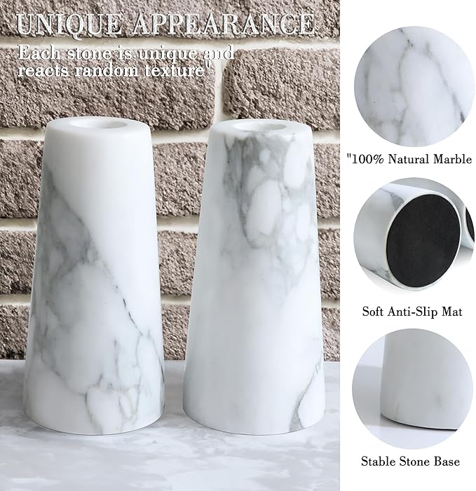 HofferRuffer Marble Candlestick Holders，Set of 2 Natural Stone Candle Holder Decorative Candle Stands for Wedding, Dinning, Party, Table Centerpieces, Fit 3/4'' Thick Taper Candles (White)