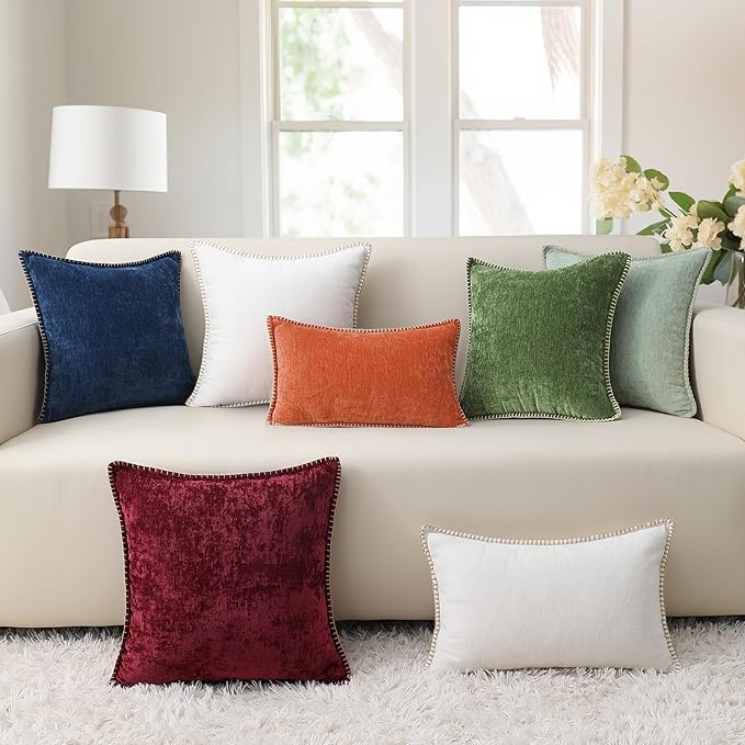 decorUhome Christmas Chenille Soft Throw Pillow Covers 22x22 Set of 2, Farmhouse Velvet Neutral Decorative Euro Fall Pillow Covers with Stitched Edge for Couch Sofa Bed Home Decor, Forest Elf