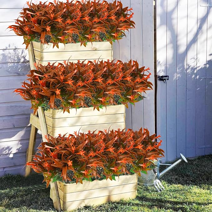 Uieke 12Pcs Artificial Fall Flowers for Outdoors UV Resistant Fake Fall Flowers Plastic Morning Glory Fall Plants Shrubs for Home Outside Window Box Planter Fall Décor (Autumn Red)