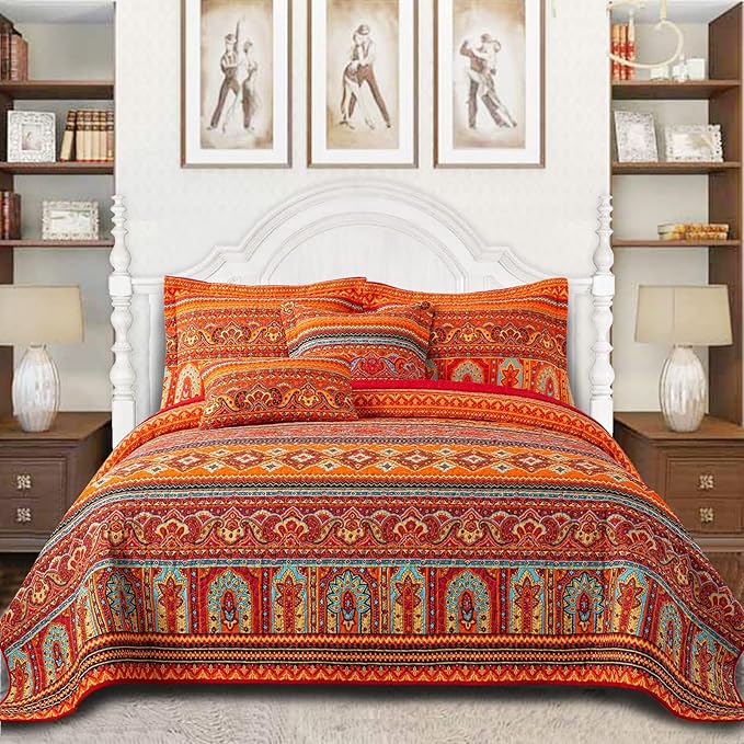 VAPUTAR Cotton Quilt King Size Bedding Set - 3 Pieces King Quilt Bedding Set, Boho King Size Quilts, Lightweight Reversible Coverlets Bedspreads for Farmhouse Bedroom (Red/Orange)