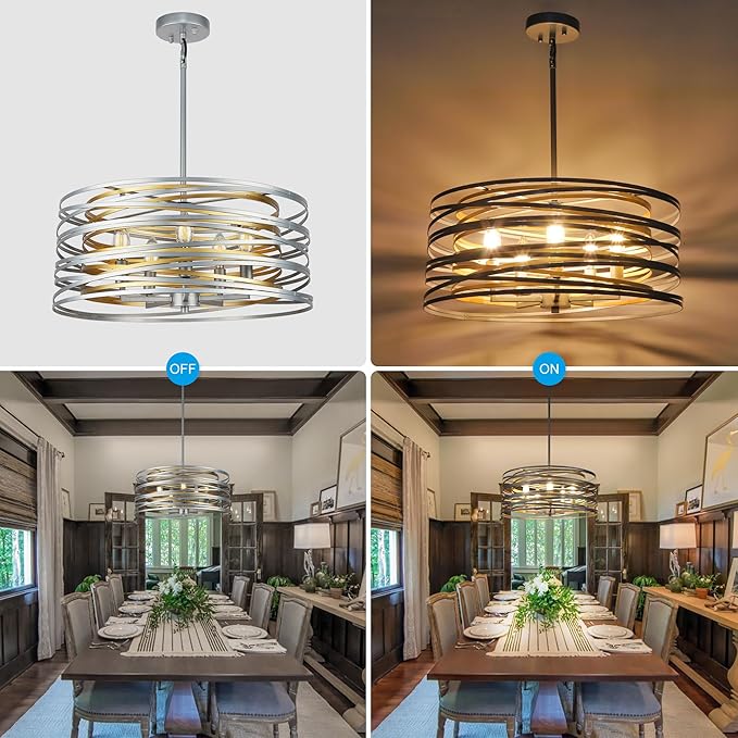19.7'' Double Round Metal Chandelier, 5-Light Modern Farmhouse Dining Room Lights Over Table, Gold Chandelier for Hallway Kitchen Island Entryway Stairwell, Silver with Gold Interior