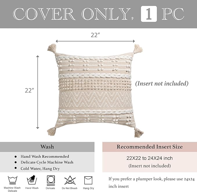 Boho Throw Pillow Cover 22X22, Large Decorative Accent Pillow for Couch, Square Woven Textured Pillowcase, Modern Boho Pillow for Bed, Bohemian Pillow Cover, Cream White (Pack of 1)