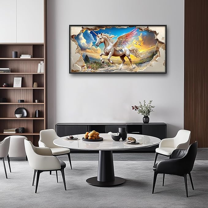 Framed Large Wall Art for Living Room, Unicorn Canvas Wall Decor, Large White Horse Pictures Framed Painting, Natural Landscape Artwork for Bedroom Office Home Decor 60L'' × 30W''