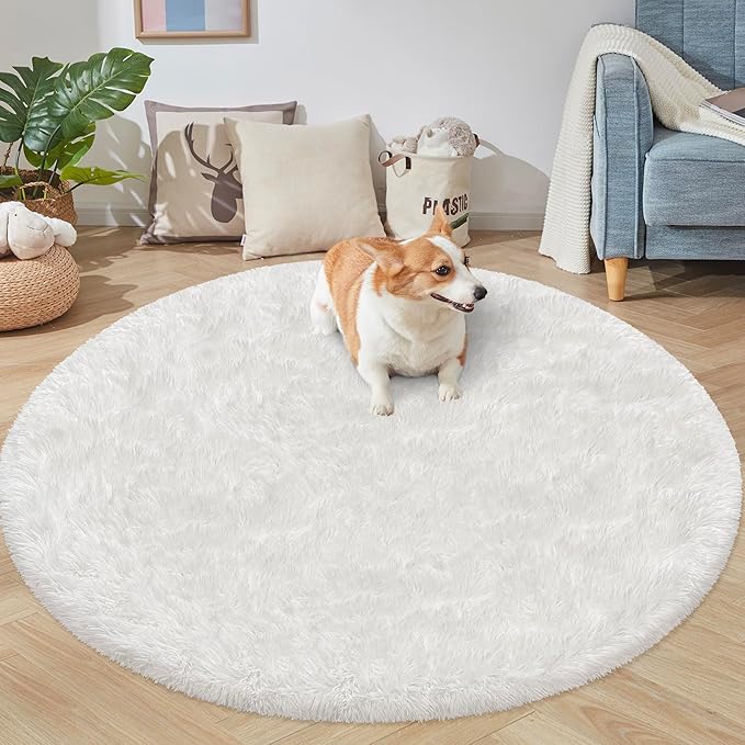 5x5 ft Tie Dye White Round Rug for Bedroom Room Fluffy Circle Rug Furry Carpet Shaggy Circular Fuzzy Washable Non-Slip Large Area Rug Soft Indoor for Living Room Cute Aesthetic Home Decor