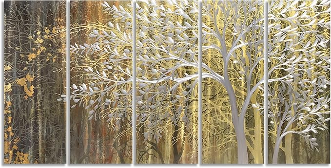 Yihui Arts Gold Metal Wall Art Handcrafted Tree on Aluminum Artwork Modern Forest Pictures with 3D for Living Room Bedroom Kitchen Decor