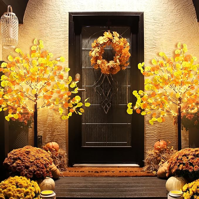 4 FT Prelit Fall Lighted Ginkgo Tree with 140 LEDs Timer Fall Tree with Lights & 8 Flashing Modes Autumn Decoration for Home Wedding Indoor Outdoor Thanksgiving Halloween Christmas Decor