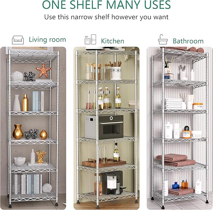 GIOTORENT 6-Tier Storage Shelves Standing Shelving Metal Units, Adjustable Height Wire Shelf Display Rack for Pantry Laundry Bathroom Kitchen 16.6” x 11.8” x 63”, Silver