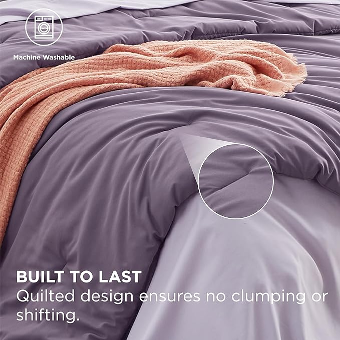 Bedsure King Size Comforter Set - 7 Pieces Grayish Purple King Bedding Set for All Seasons, Boho Contrasting Design Bed in a Bag with Comforter, Sheets, Pillowcases & Shams