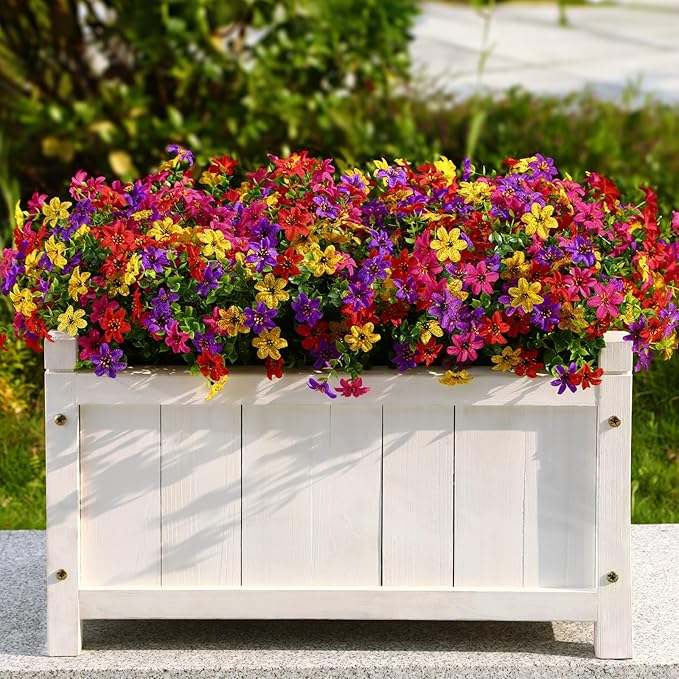 SHareconn Artificial Flowers for Outdoors Spring Decoration, Fake Silk Realistic Faux Plants UV Resistant for Outdoor Planter Porch Patio Summer Outside Decor, 20 Bundles,RedRosyPurpleYellow