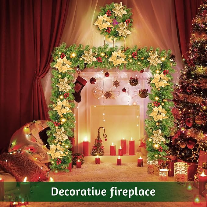 Christmas Garland, 9ft Pre-lit Christmas Decorations Garland with Lights for Front Door, Artificial Green Rattan, for Xmas Tree, Mantel Stairs Home Indoor Outdoor Christmas Decor Wreath (Gold)