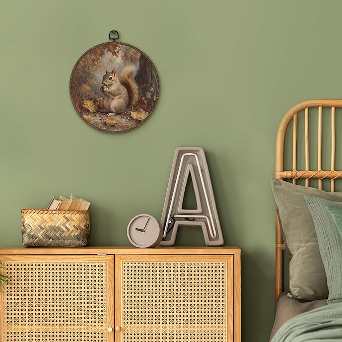 XNXLDYLH Vintage Fall Squirrel Round Framed Wall Art Decor, Rustic Farmhouse Woodland Hanging Wall Decor Decorations, Autumn Fall Canvas Prints Wall Art Paintings for Bedroom Living Room, 10x10 Inch