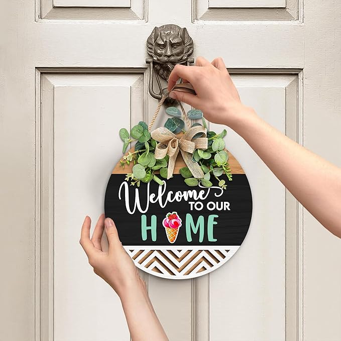 GOSSBY Interchangeable Welcome Sign for Front Door - WELCOME TO OUR HOME - Seasonal Rustic Wood Wreath - Hanging Wall Sign Decoration for Outside, Porch, Farmhouse - New Home, Housewarming Gift