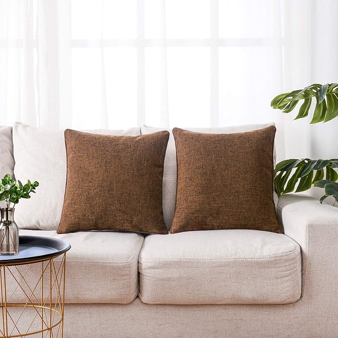 HPUK Linen Throw Pillow Covers Pack of 2, 18x18 Inch Accent Cushion Covers for Living Room, Bedroom, Decorative Solid Color Pillow Covers for Couch, Sofa, Chair, Chocolate