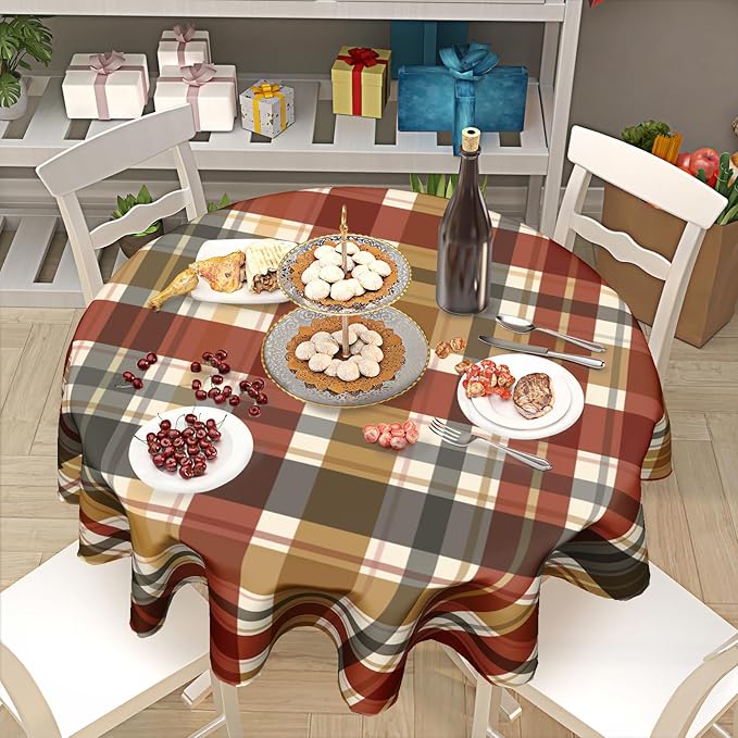 Fall Tablecloth Round 60 Inch Autumn Thanksgiving Table Cloths Round Fall Autumn Buffalo Plaids Table Cloth Rustic Farmhouse Tablecloth for Holiday Kitchen Dining Room Party Picnic Indoor Outdoor