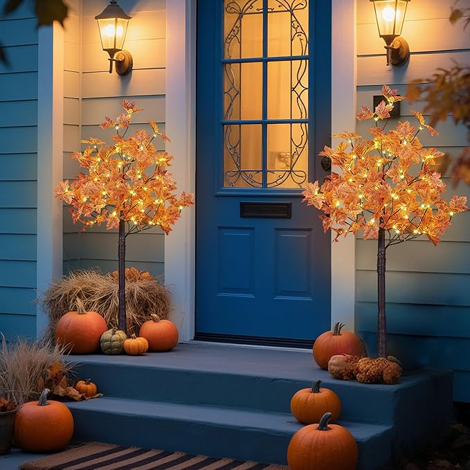 LIGHTSHARE 2PCS 4FT 144LED Artificial Lighted Maple Tree Warm White Halloween Fall Decorations Indoor Outdoor, Orange