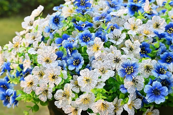 LADADA 6 Bundles Artificial Fake Flowers，Fake Blue Silk Daisy with Eucalyptus for Planter Pot UV Resistant Realistic for Outside Porch Home Patio Garden Decoration (White Blue)