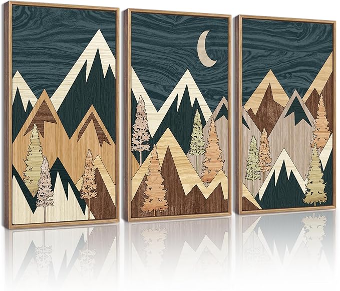 KUVIOKE Woodcut Pine Tree Forest Mountains Framed Wall Art Nature Landscape Prints Morden Farmhouse Bedroom Hallway Ready to Hang 16x24in (Natural Framed)