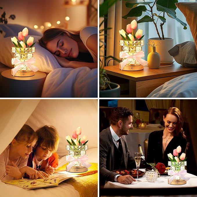 Tulip Flower Lamp Gifts for Women: Rechargeable Cordless Touch Crystal Table Lamp, Battery Powered Small Night Light, Mothers Day Birthday Present for Mom Grandma, Kitchen Bedroom Office Decor