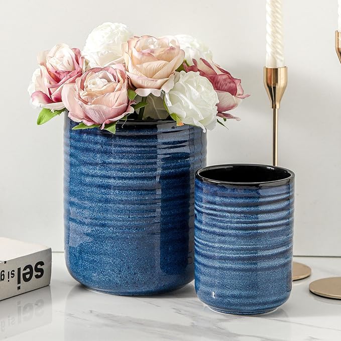 Hasense Ceramic Utensil Holder for Kitchen Counter, 7.4"+5.5" Caddy Set of 2, Large Cooking Holder for Countertop, Crock for Farmhouse Decor, Blue