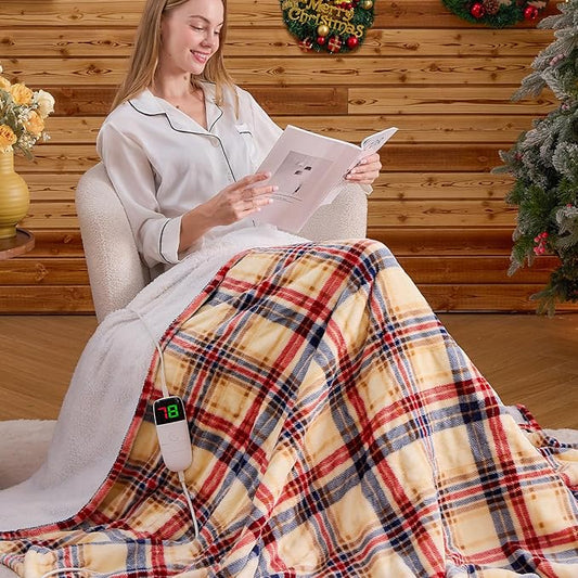 Heated Blanket Electric Full Size,72X84 Heating Blanket,Brown Plaid Soft Sherpa Blankets Warmer Gift for Grandma Women Adult,Fast Heating Washable,ETL