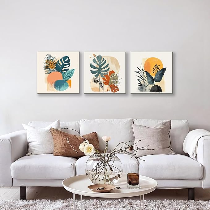 NAN Wind 3 Panels Modern Abstract Tropical Canvas Wall Art Colorful Leaf Prints Contemporary Botanical Art for Living Room Minimalist Plant Decor Geometric Palm & Monstera Leaf Paintings Home Decor