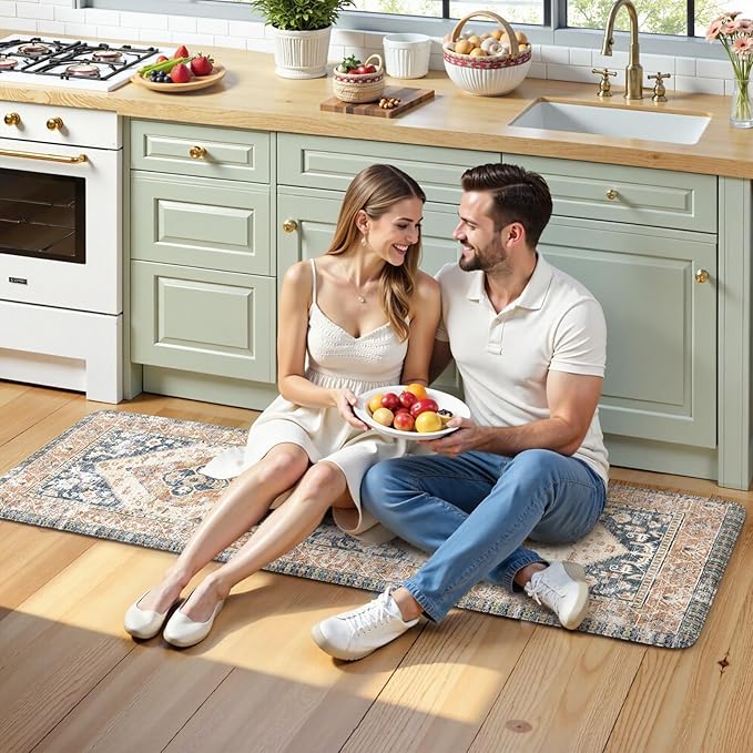 KIMDOE Anti Fatigue Kitchen Mat Kitchen Rugs Non-Skid Waterproof Kitchen Runner Rug Foam Standing Mat for Kitchen Decor,Floors,Laundry,Blue and Gold