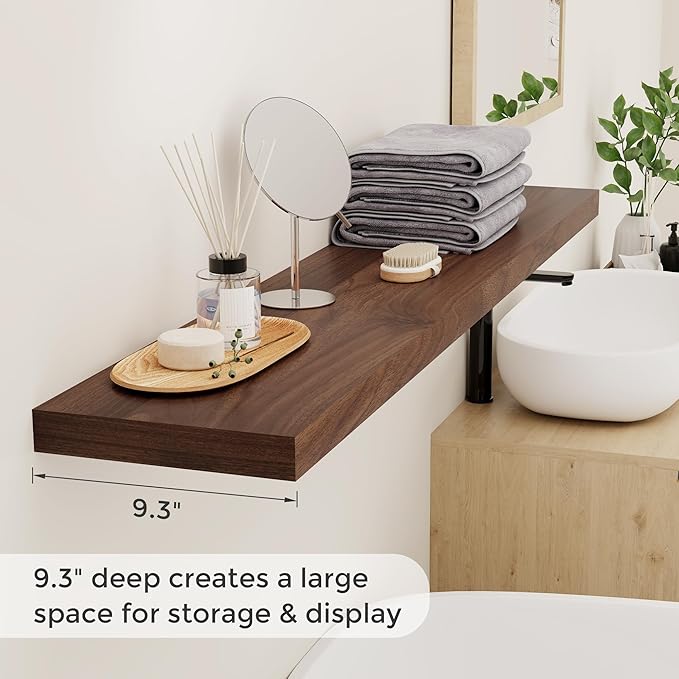 55 Inch Floating Shelves Set of 2, Rustic 55 x 9.3 Floating Shelf for Wall, 9.3 Inch Deep Wall Shelves Invisible Bracket, Large Deep Shelving for Bedroom, Kicten, Living Room, Walnut Color