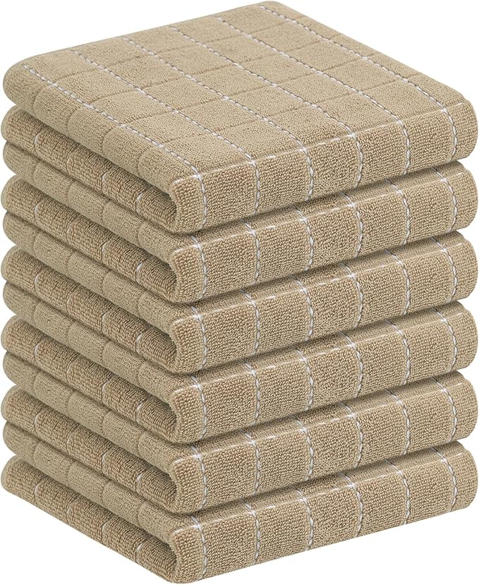 Homaxy 100% Cotton Terry Kitchen Towels(Tan, 13 x 28 inches), Checkered Designed, Soft and Super Absorbent Dish Towels, 6 Pack