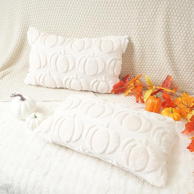 GEEORY Fall Pumpkins Soft Plush Pillow Covers, 12 x 20 Inch Set of 2, Fluffy Faux Fur Wool Decorative Farmhouse Cushion Case for Sofa Home Decoration Beige Pumpkin GC020-12