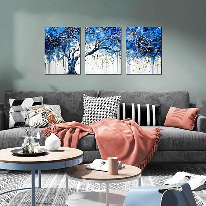 CIRABKY Blue Tree Pictures Wall Decor for Living Room - Blue and White Wall Art for Bedroom - Modern Wall Decor for Office Size 12" x 16" x 3 Pieces