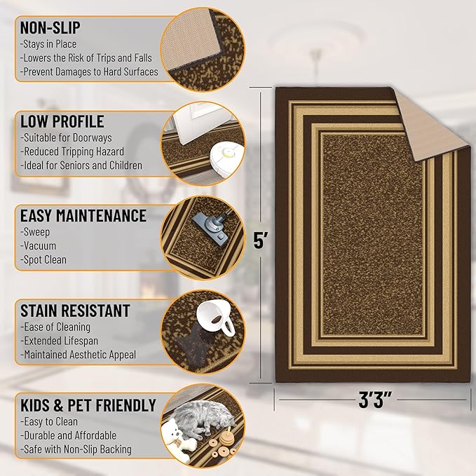 Ottomanson 3'3" x 5' Rugs for Living Room Border Area Rug for Bedroom - Non Slip Durable Large Floor Carpet for High Traffic Areas - Indoor Rug for Dining Room Kitchen Kids Playroom, Brown
