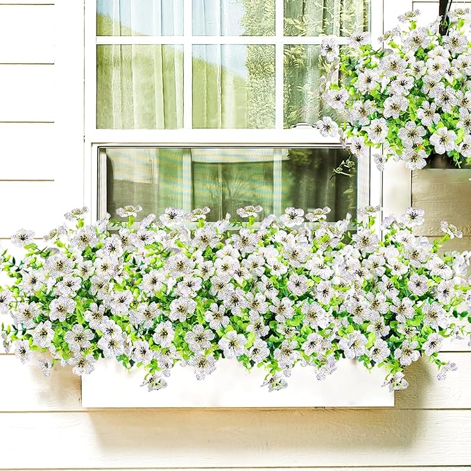 Agusbagli 10 Bundles Artificial Flowers Outdoor UV Resistant Fake Flowers No Fade Faux Plastic Greenery Shrub Plants for Wedding Home Garden Window Box Fireplace Thanksgiving Christmas Decor, White