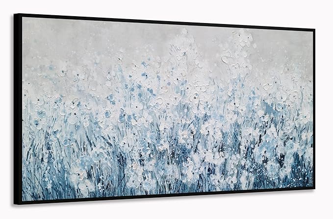 Yihui Arts Blue White Flower Painting - Modern Aesthetic Floral Artwork for Home Decor