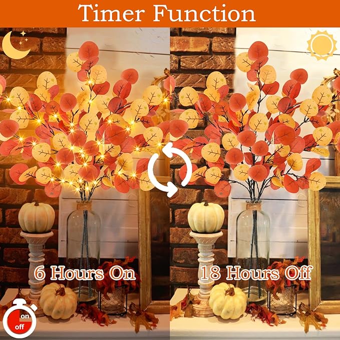 Agusbagli 30in 60LED Lighted Fall Eucalyptus Branches with Timer, Light Up Fall Eucalyptus Leaves Stems Battery Operated Lit Artificial Twig Autumn Fall Decorations for Home Wedding Party Decor