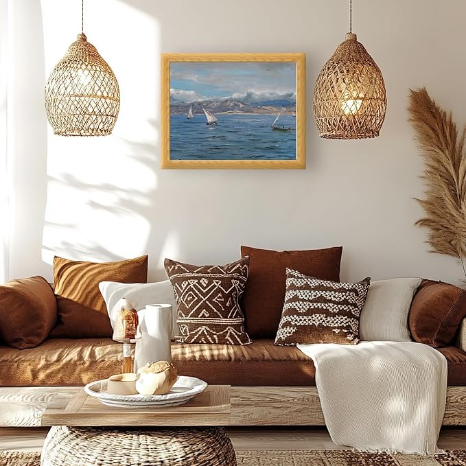 Brivoria Framed Canvas Wall Art Vintage Decor, Coastal Seascape with Sailing Boats and Distant Mountains Under Dramatic Cloudy Sky for Living Room Statement Wall or Gallery Decoration, 16"x20"