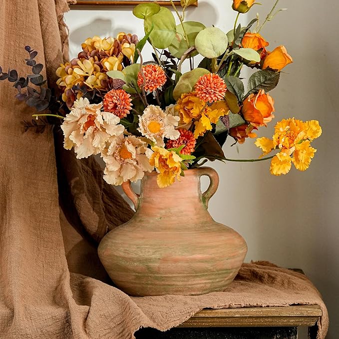 Sungmor Rustic Ceramic Flower Vase with Handles, Decorative Pottery Vase 7 Inch Terracotta Plant Pots, Cement Textured Vases Home Decor, Indoor Fresh Flowers Planter, Dried Flower Arrangements