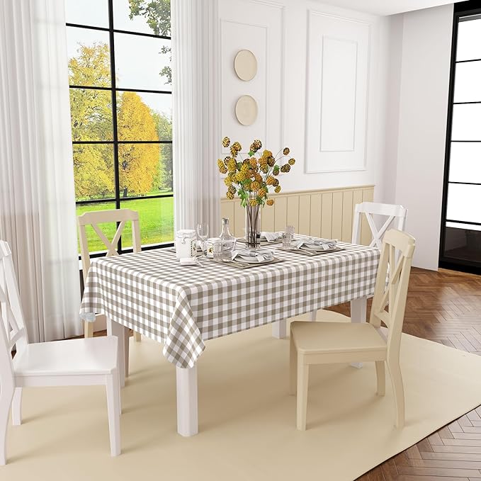 misaya Rectangle Waterproof Vinyl Table Cloth, Buffalo Flannel Backed Tablecloth, Wipeable Plastic Table Cover for Fall, Thanksgiving (60" x 84", Khaki and White)