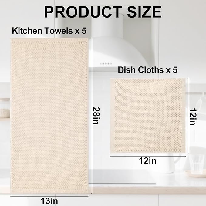 Homaxy 100% Cotton Kitchen Towels and Dishcloths Set, 12 x 12 Inches and 13 x 28 Inches, Set of 10 Bulk Kitchen Towels Set, Ultra Soft Absorbent Dish Cloths for Washing Dishes, Beige