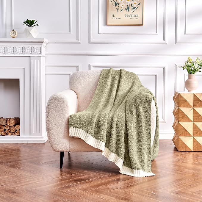 CozeCube Melange Blanket, Ultra Soft Olive Green and White Throw Blanket, Warm Cozy Knit Fuzzy Plush Reversible Throw for Couch Bed Sofa, 50"x60"