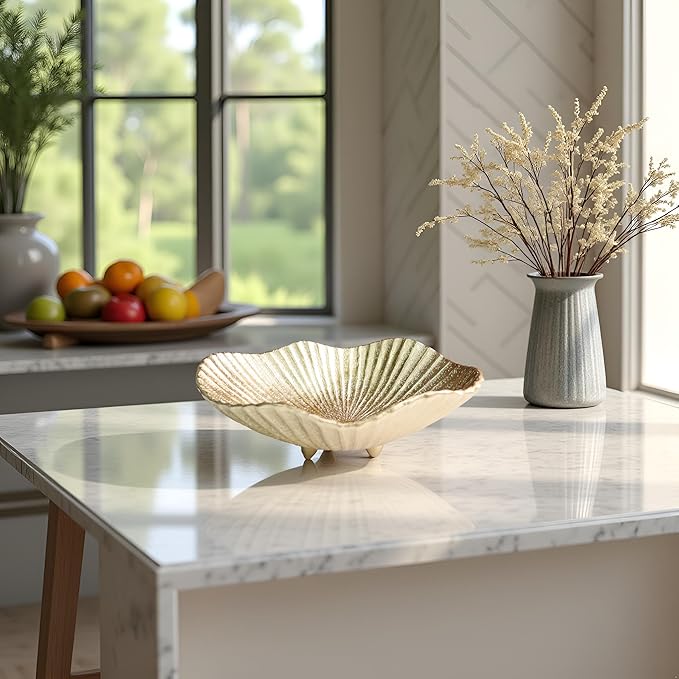 Large Decorative Bowl decor, Scalloped Pedestal Bowls,Modern Home Decor,Ruffle Decor,Stylish Key Bowl for Entry Table,Decorative Fruit Bowl for Kitchen Counter, Golden
