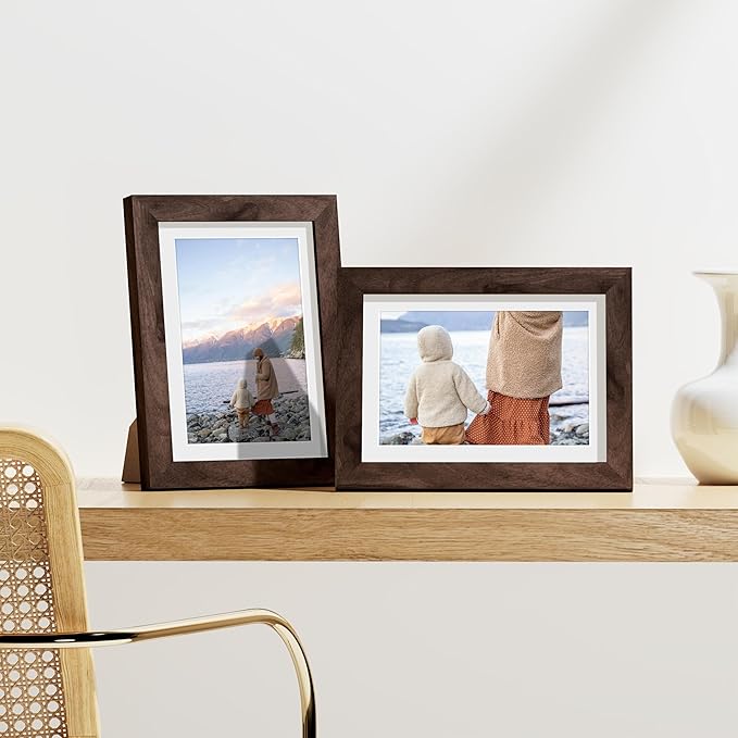 Vittanly 5x7 Picture Frames Set of 9, Shatter Resistant Plexiglass, Display 4x6 Pictures with Mat or 5x7 without Mat, Photo Frames for Wall or Tabletop, Engineered Wood, Walnut