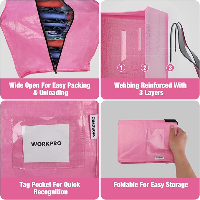 WORKPRO 6 Pack Extra Large Moving Bags with Zippers & Carrying Handles Backpack Straps, Heavy-Duty Storage Tote for Space Saving Moving Storage (Pink)