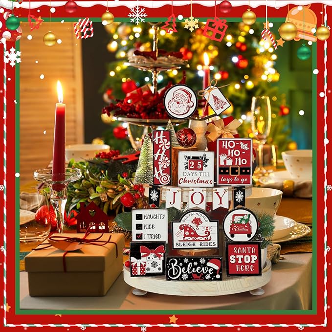 17 Pcs Christmas Tiered Tray Decor Set Winter Tiered Tray Decorations Farmhouse Tabletop Centerpiece Christmas Wooden 3D Sign for Xmas Home Buffalo Plaid Rustic Table Decoration(Vintage)