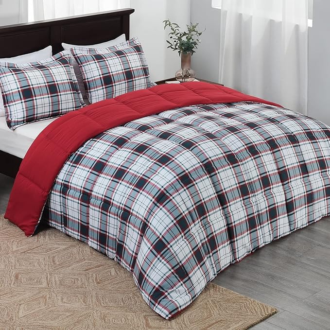 Beyond Basic King Size Comforter Set - Black & Red Striped, Lightweight Down Alternative King Set (Red/Black)
